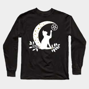 Wicca Crescent Moon Cat Pentacle And Gold Stars Long Sleeve T-Shirt